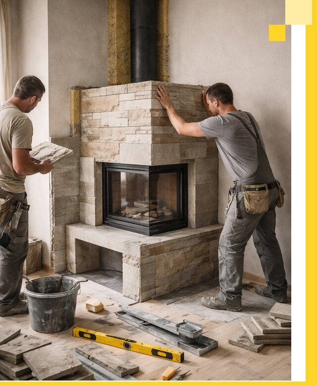 Угловые камины под ключ проект, монтаж и отделка в Миассе