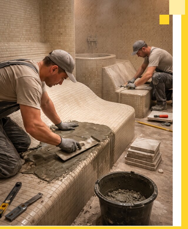 Лежаки для хамама под ключ в Миассе, проект и монтаж